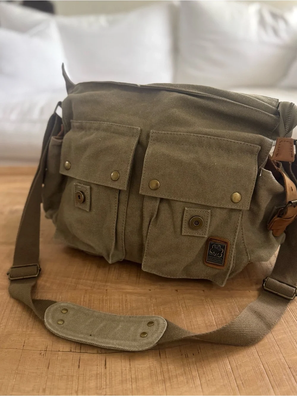 New Canvas Messenger Bag with Leather Straps - Olive army green khaki unisex